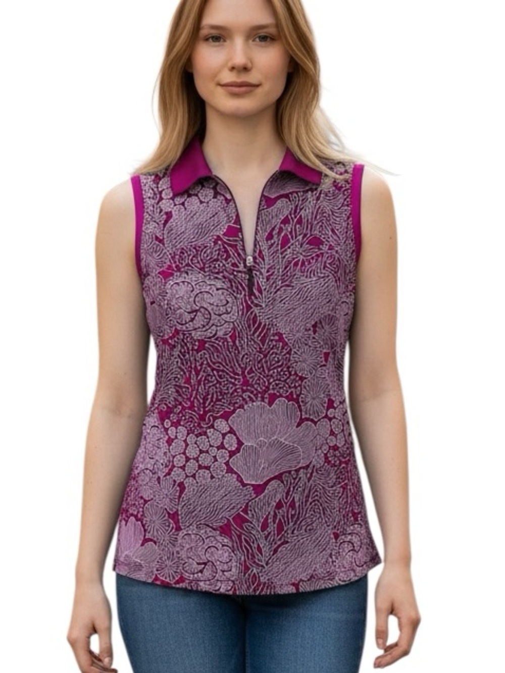TOMMY BAHAMA: Golf & Tennis Sleeveless Tropical Coral Print Shirt -Size Small